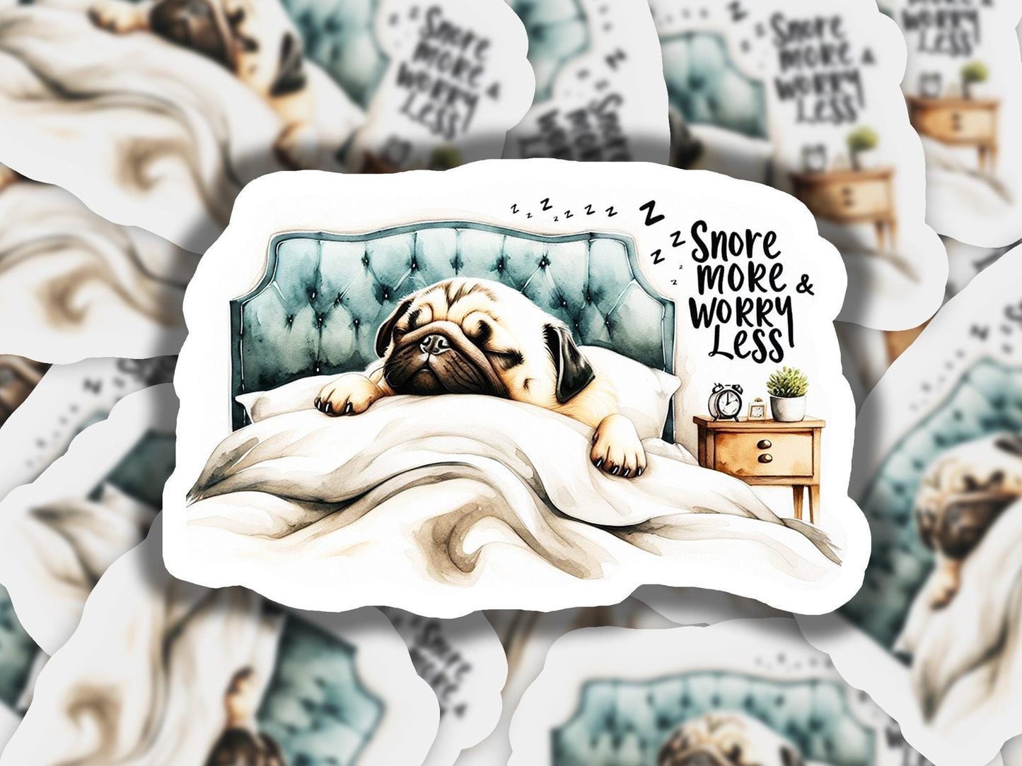 a sticker of a dog sleeping on a bed