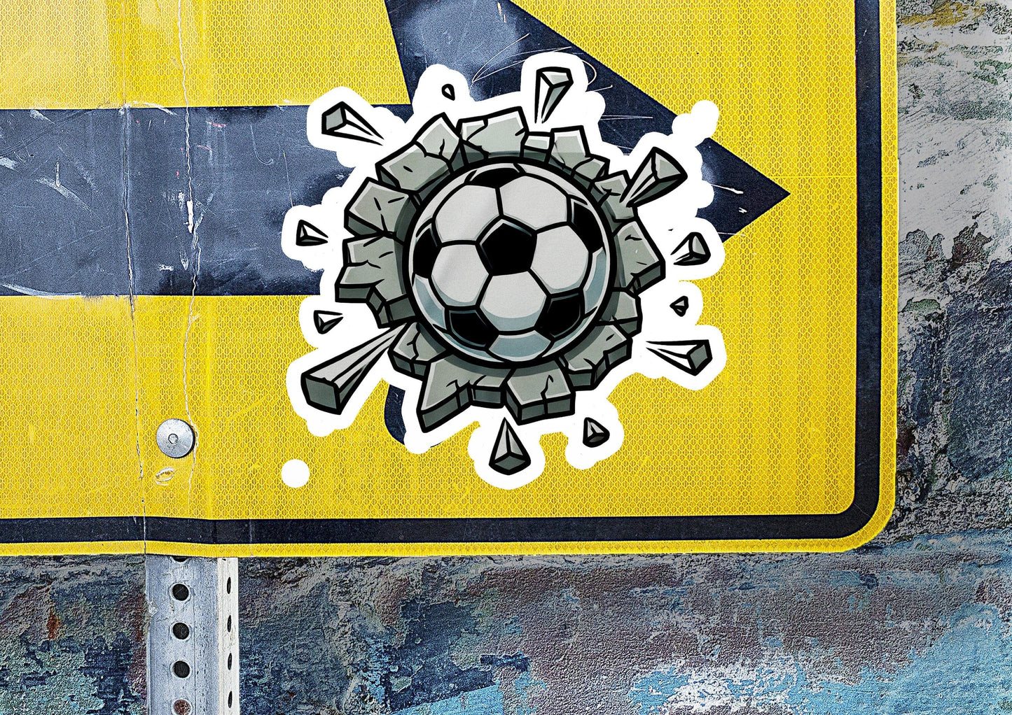a yellow and black sign with a soccer ball on it