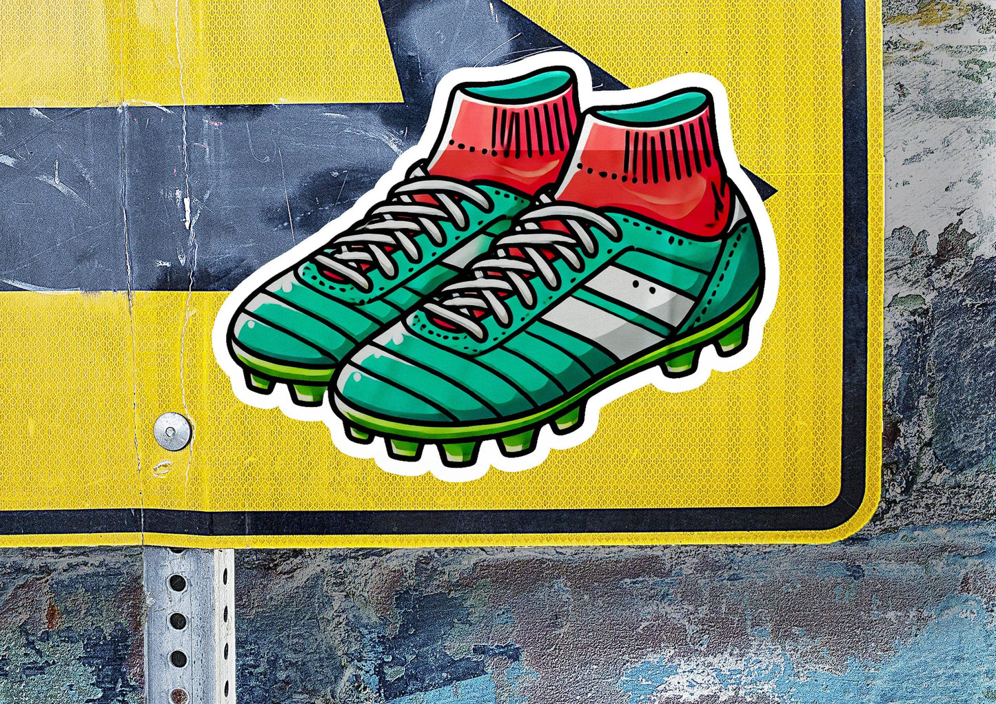 a close up of a street sign with a pair of shoes on it
