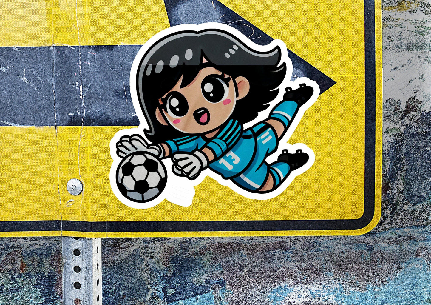 a sticker of a girl kicking a soccer ball