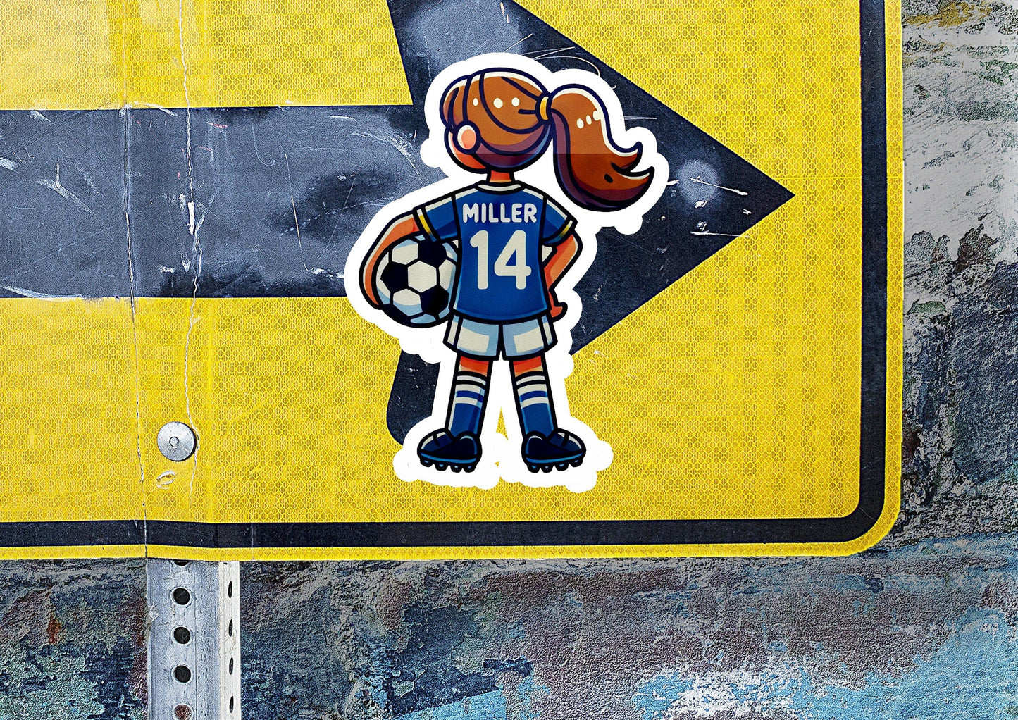 a sticker of a girl holding a soccer ball