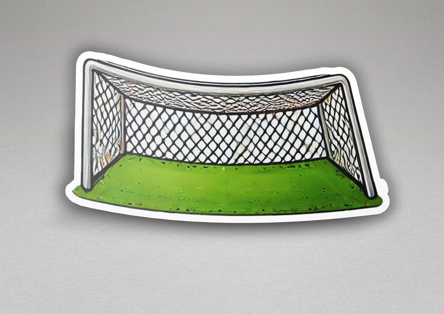 a sticker of a soccer goal with a green field
