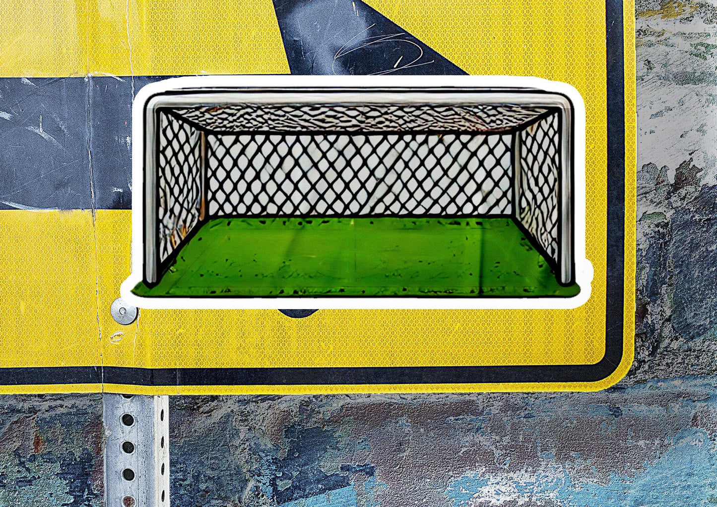 a close up of a street sign with a green area