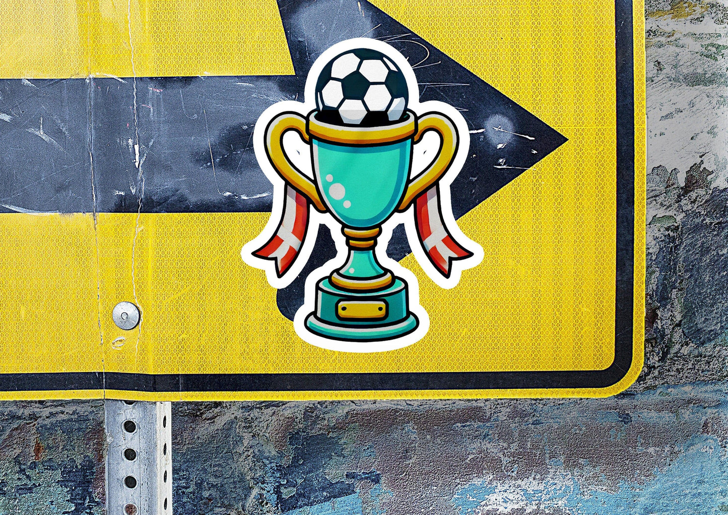 a street sign with a soccer trophy on it