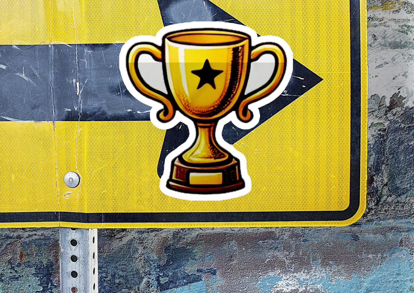 a sticker of a trophy on a street sign