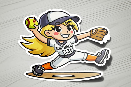 a sticker of a softball player throwing a ball