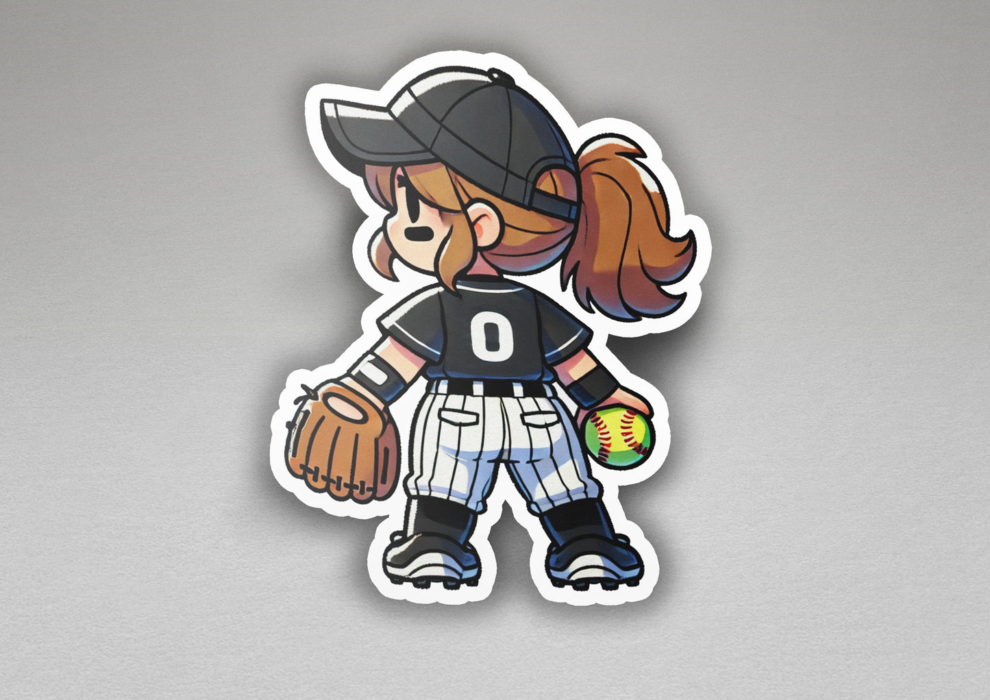 a girl in a baseball uniform holding a ball and glove