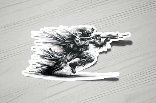 a sticker of a man with a gun