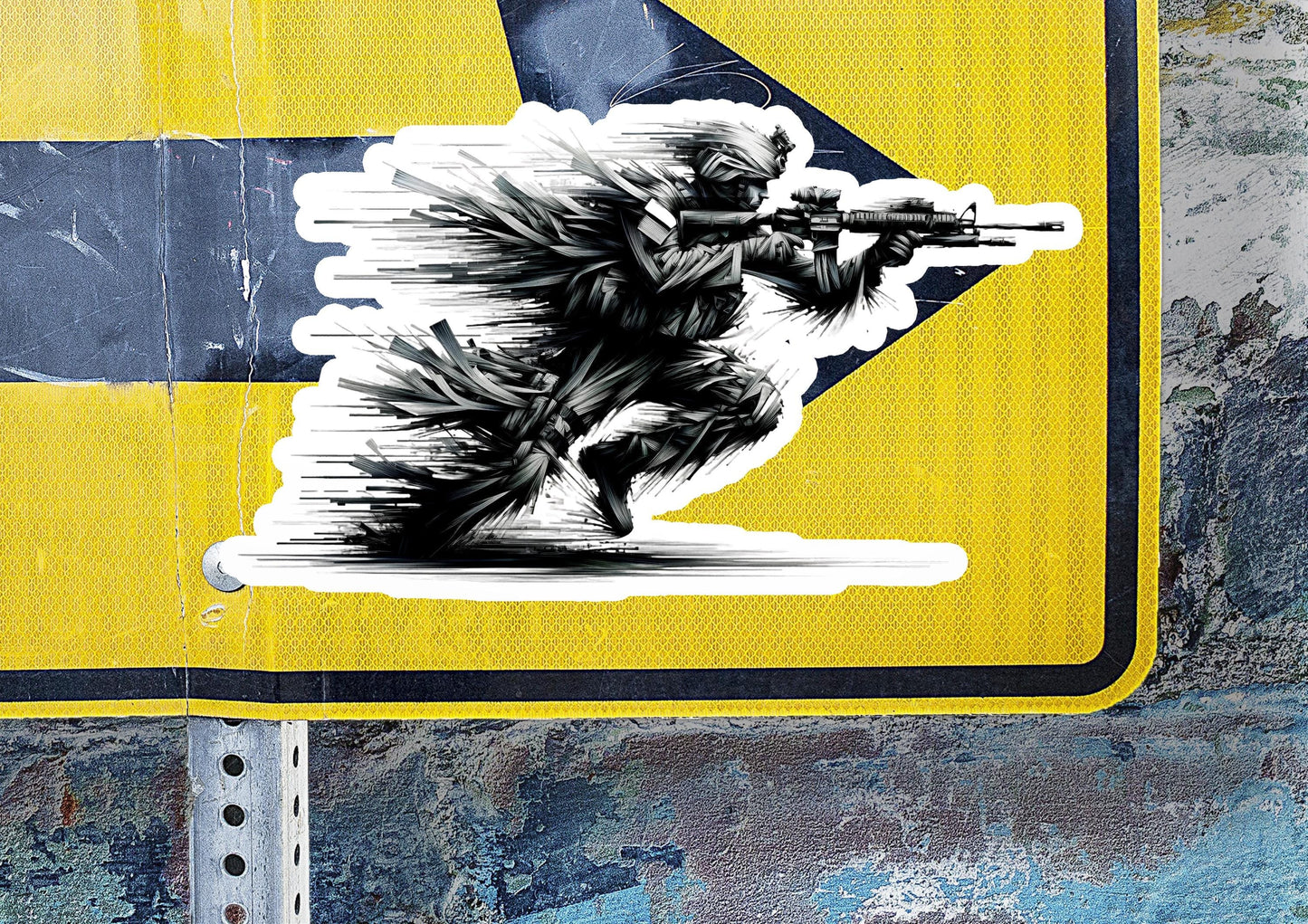 a yellow and black sign with a picture of a man holding a gun