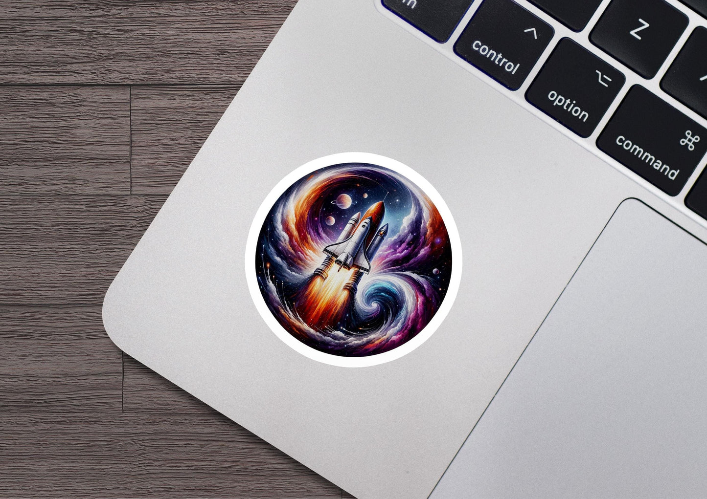 a laptop with a sticker of a space shuttle
