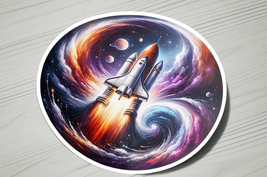 a sticker of a space shuttle flying through a galaxy