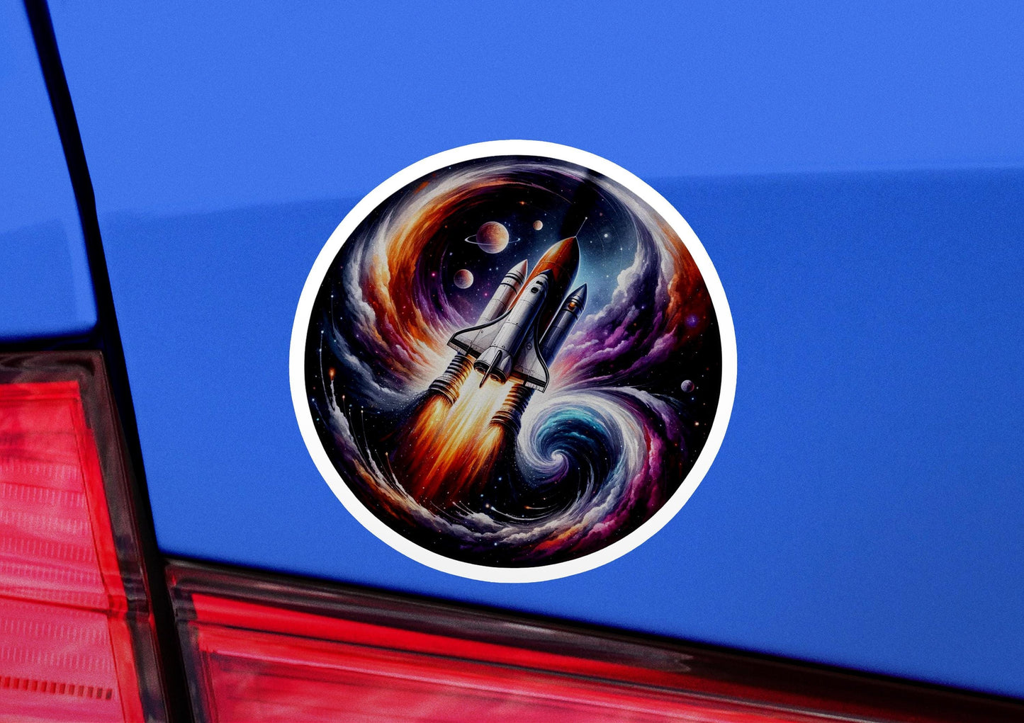 a space shuttle sticker on the back of a car