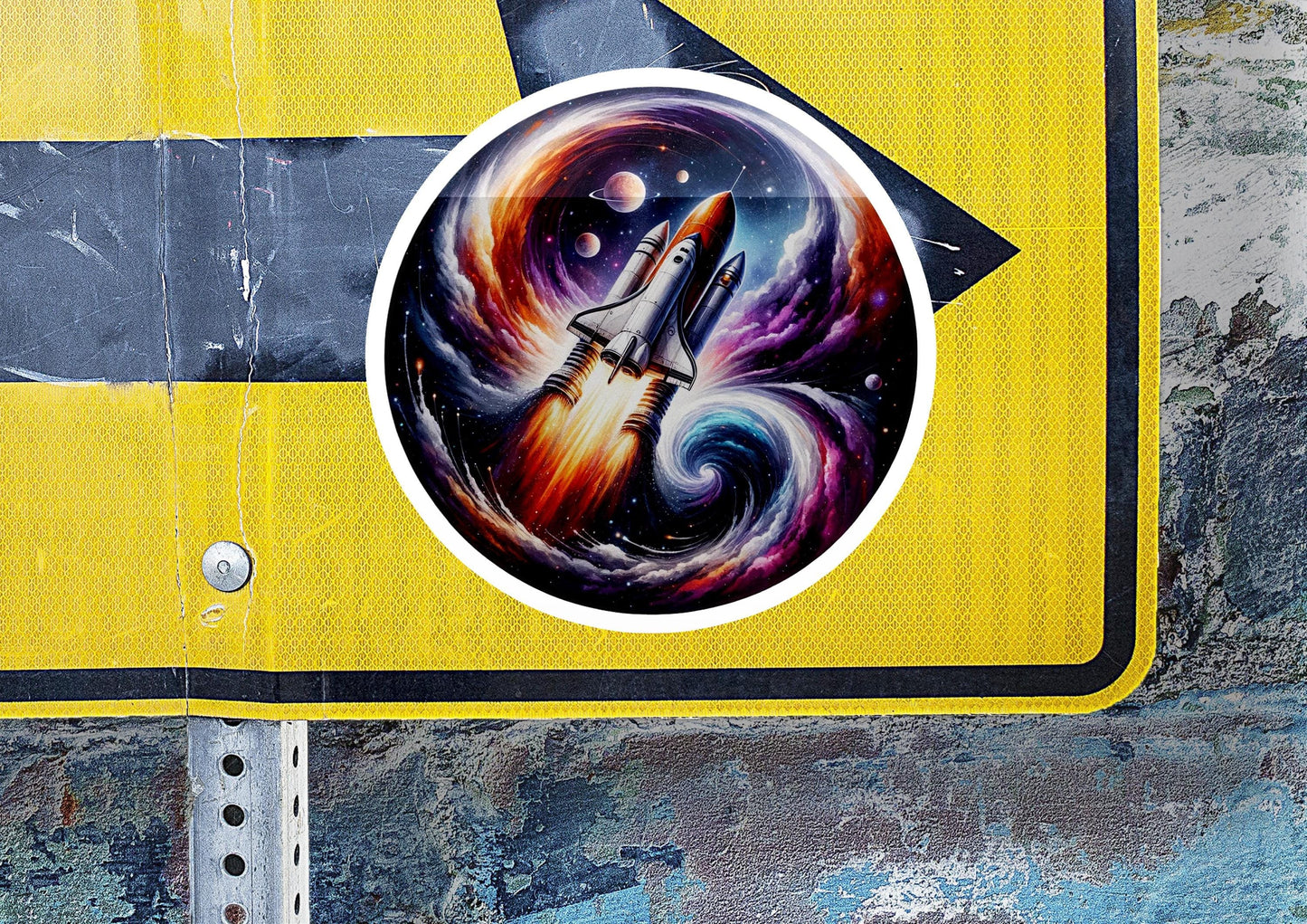 a street sign with a rocket ship painted on it