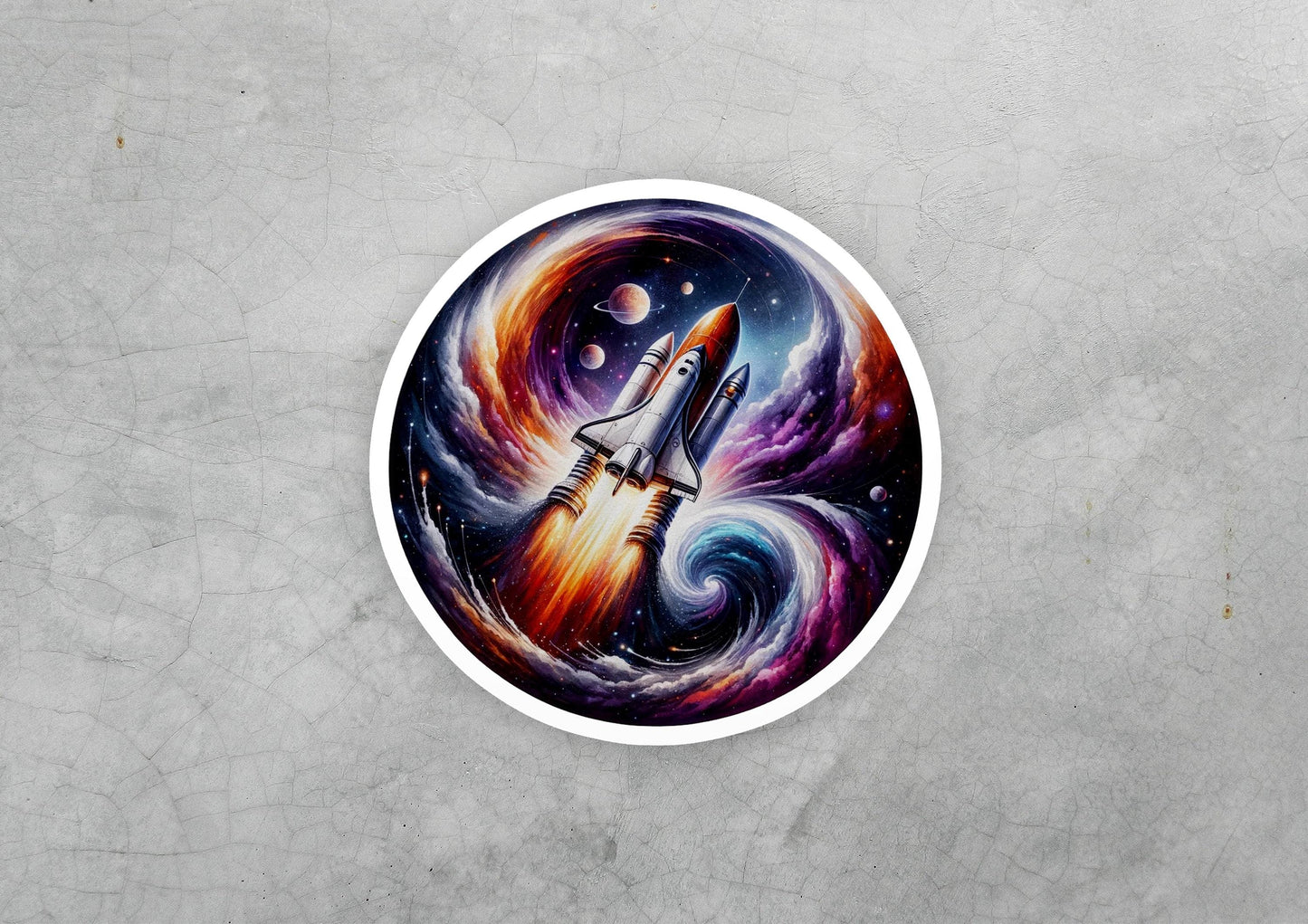 a sticker of a space shuttle flying through a galaxy