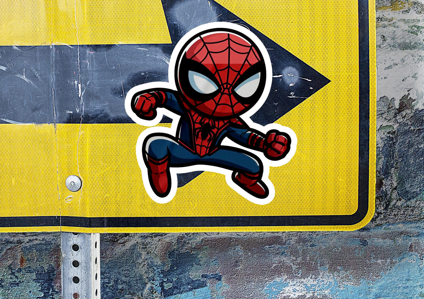 a sticker of a spiderman running on a street sign