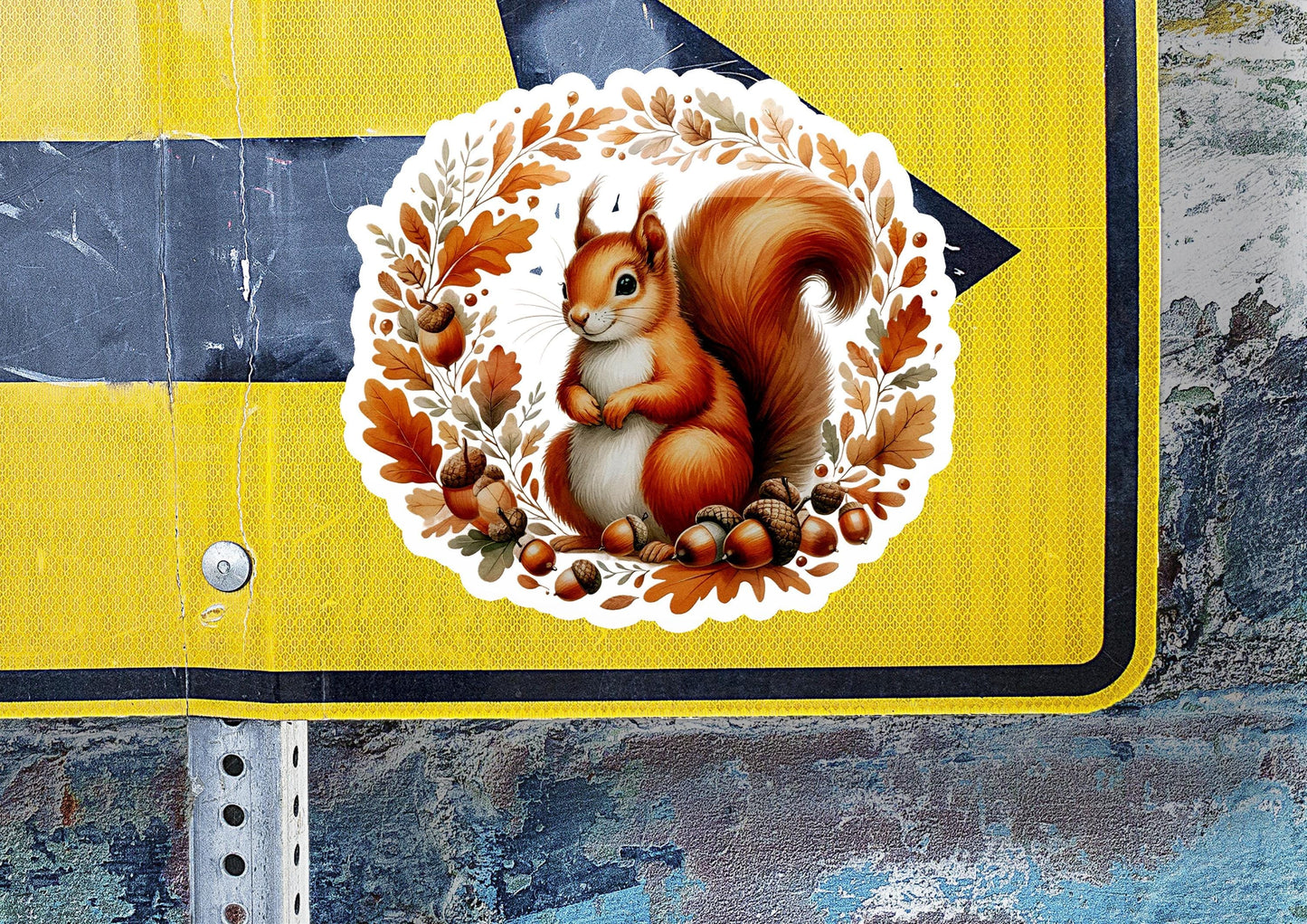 a sticker of a squirrel on a street sign