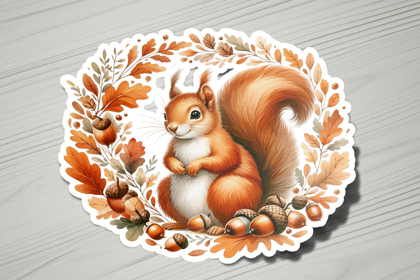a sticker with a picture of a squirrel and acorns