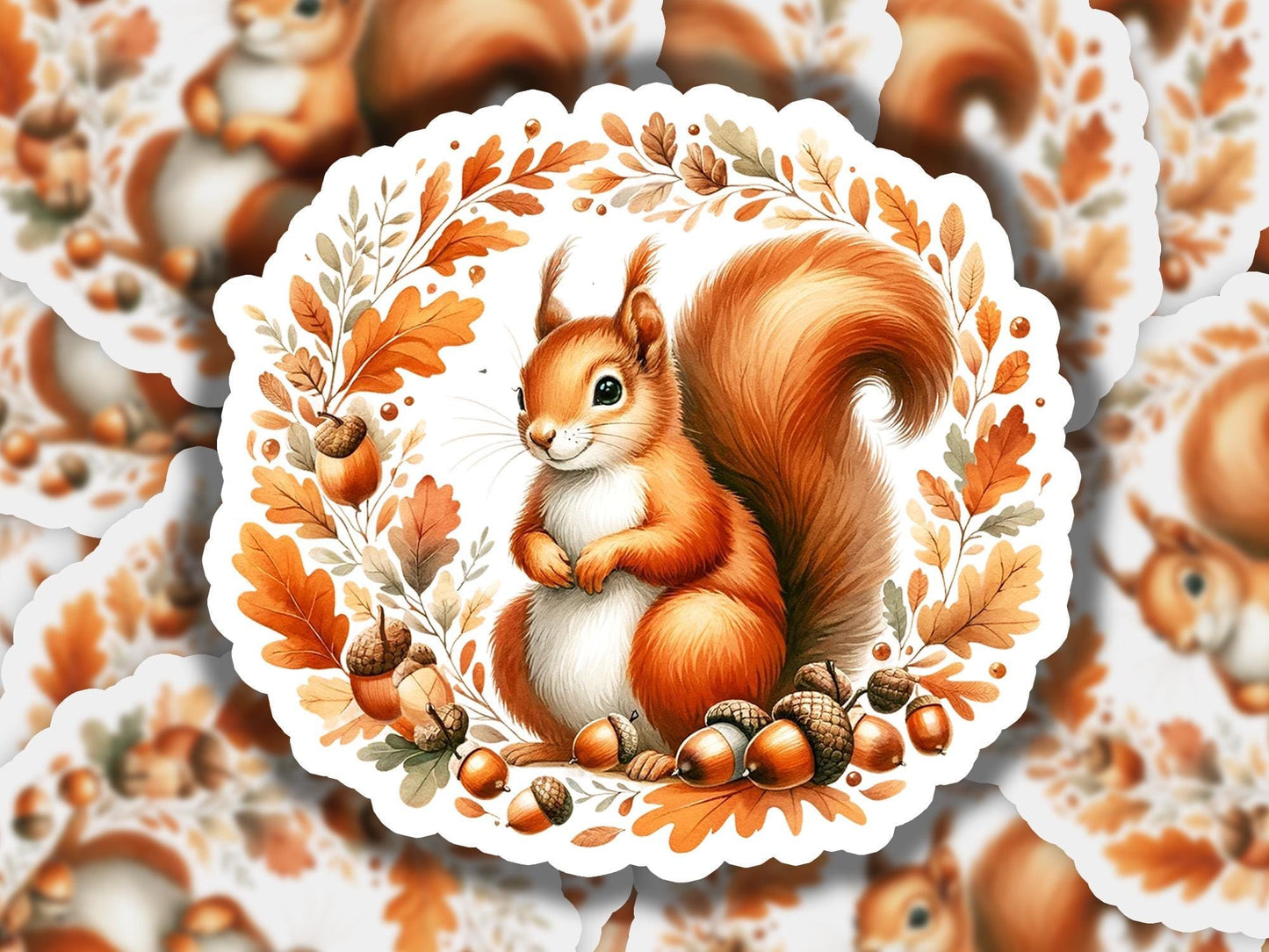a picture of a squirrel surrounded by leaves and acorns