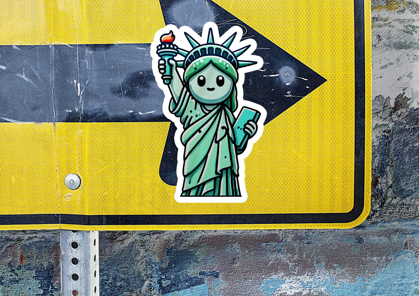 a sticker of the statue of liberty on a street sign