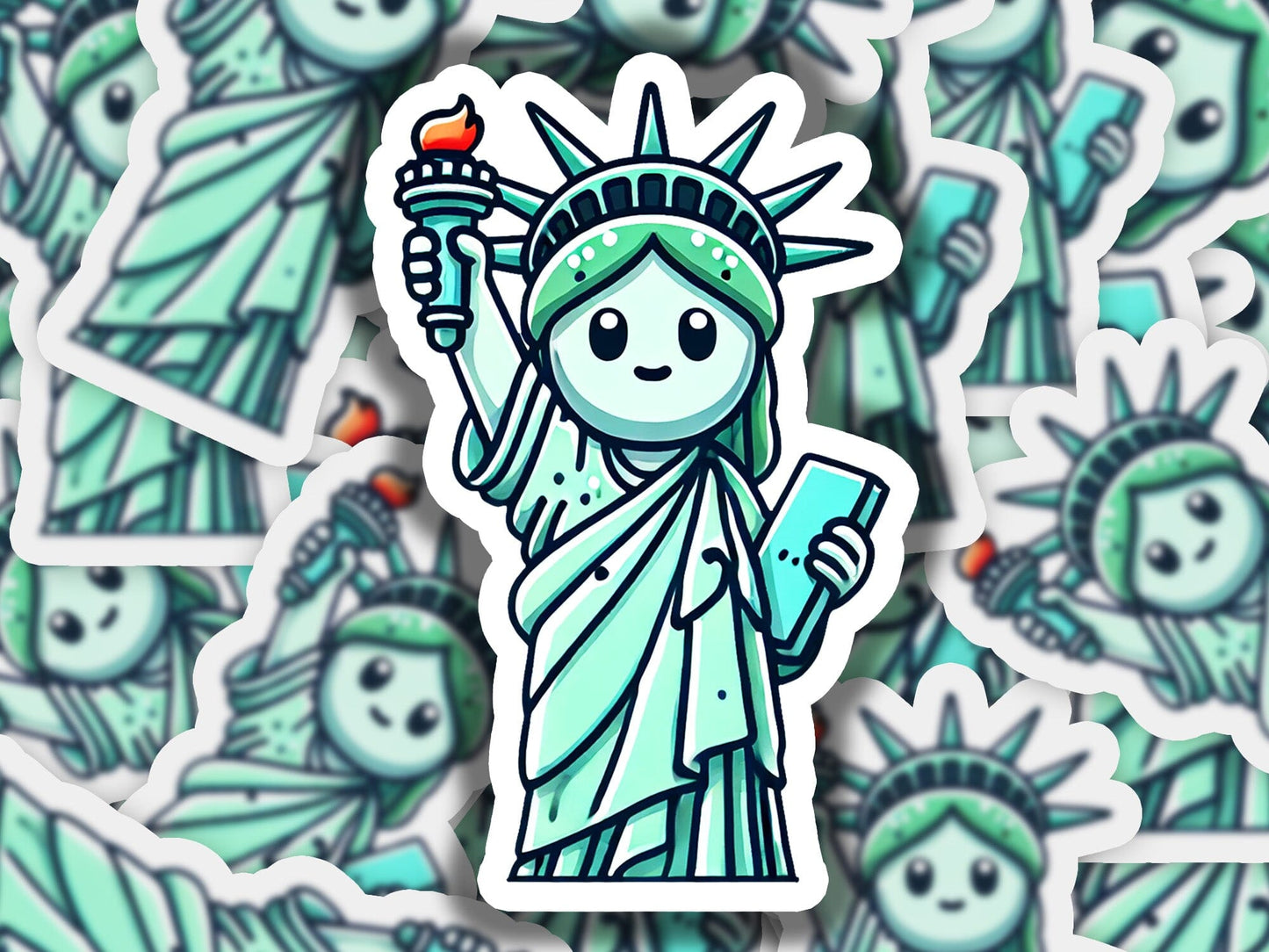 a sticker of the statue of liberty surrounded by stickers