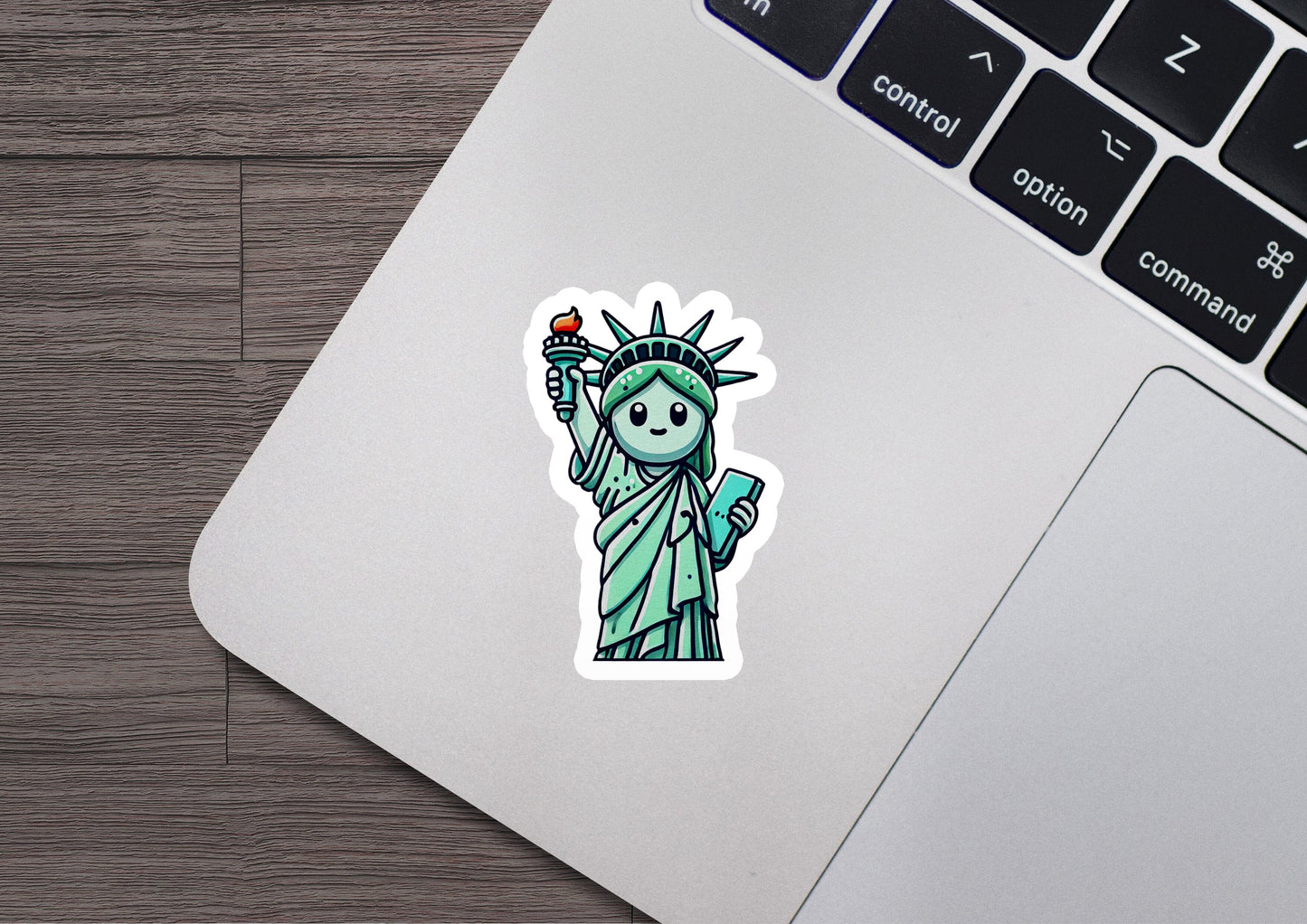 a sticker of the statue of liberty on a laptop