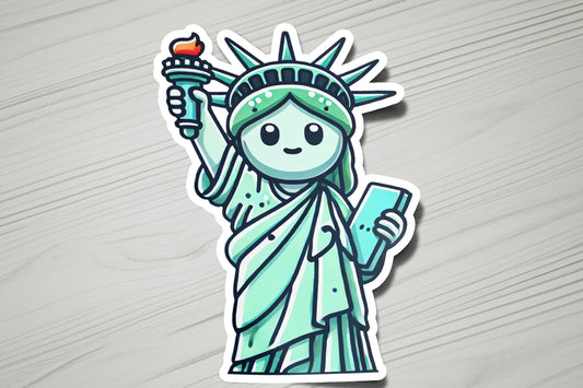 a sticker of the statue of liberty holding a cell phone