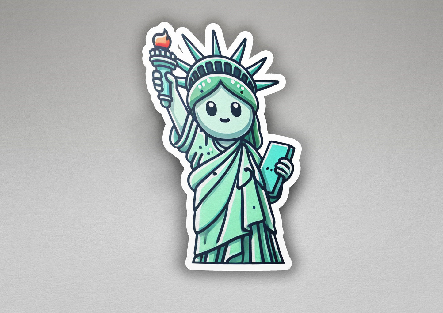 a sticker of the statue of liberty holding a cell phone