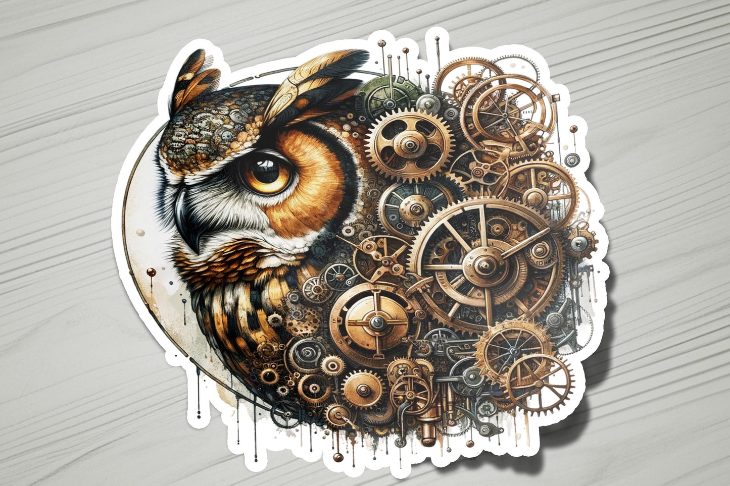 a sticker of an owl with gears on it