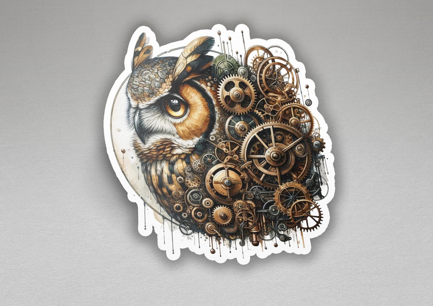 a sticker of an owl with gears on it