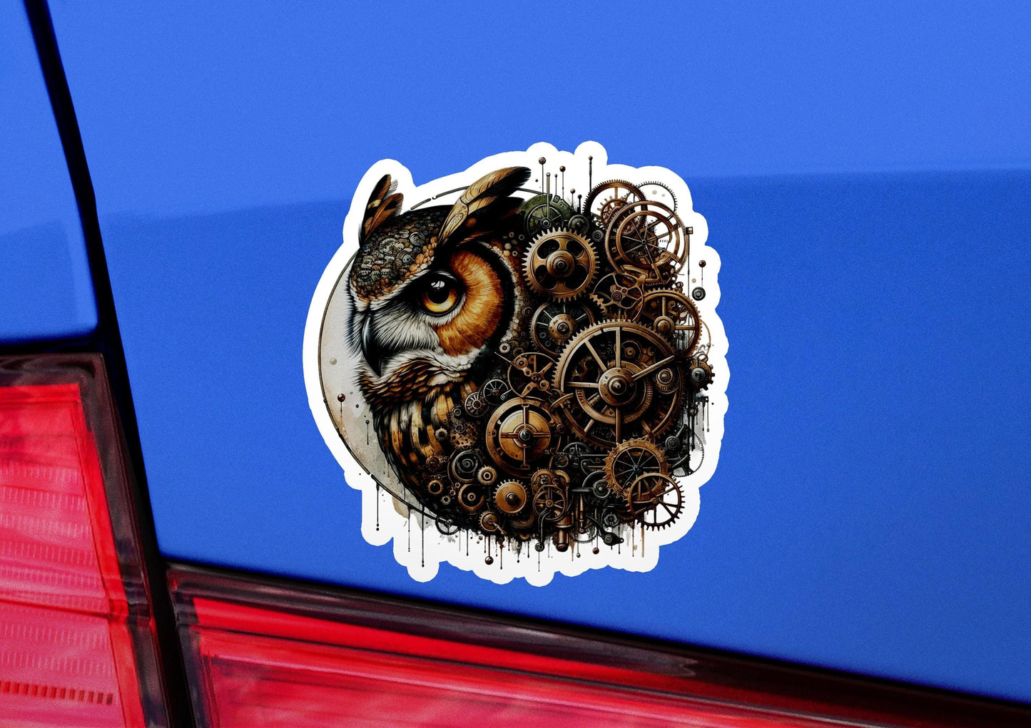 a sticker of an owl with gears on it