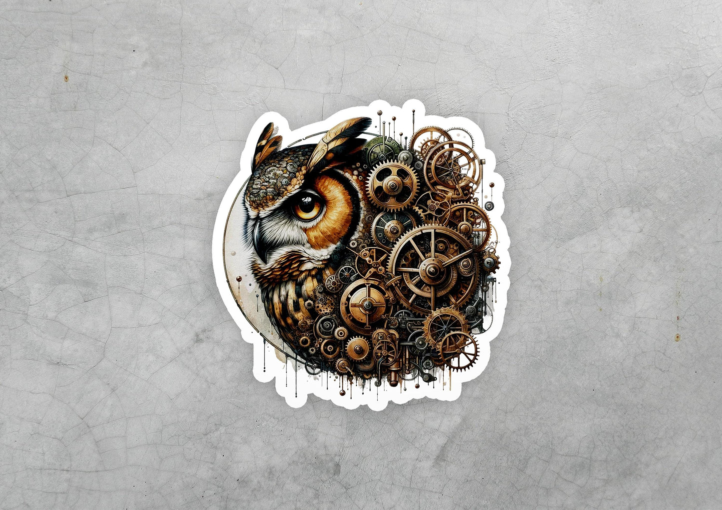 a sticker of an owl surrounded by gears
