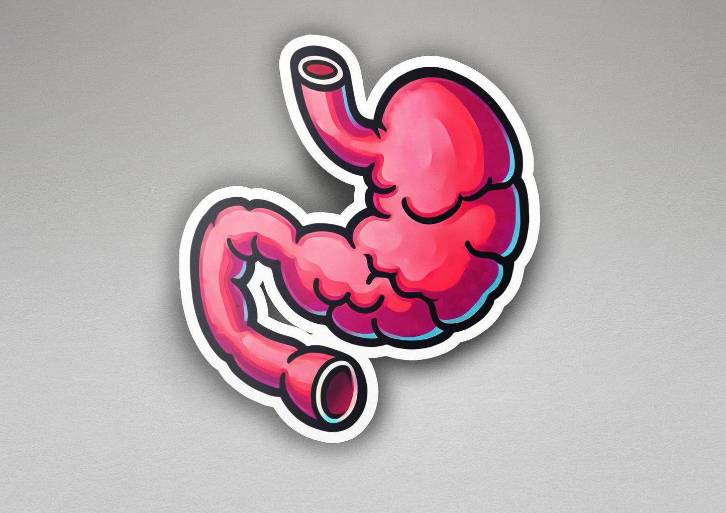 a sticker of a pink intestruct on a gray background
