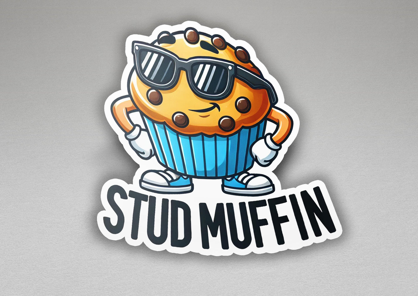 a sticker with a picture of a muffin wearing sunglasses