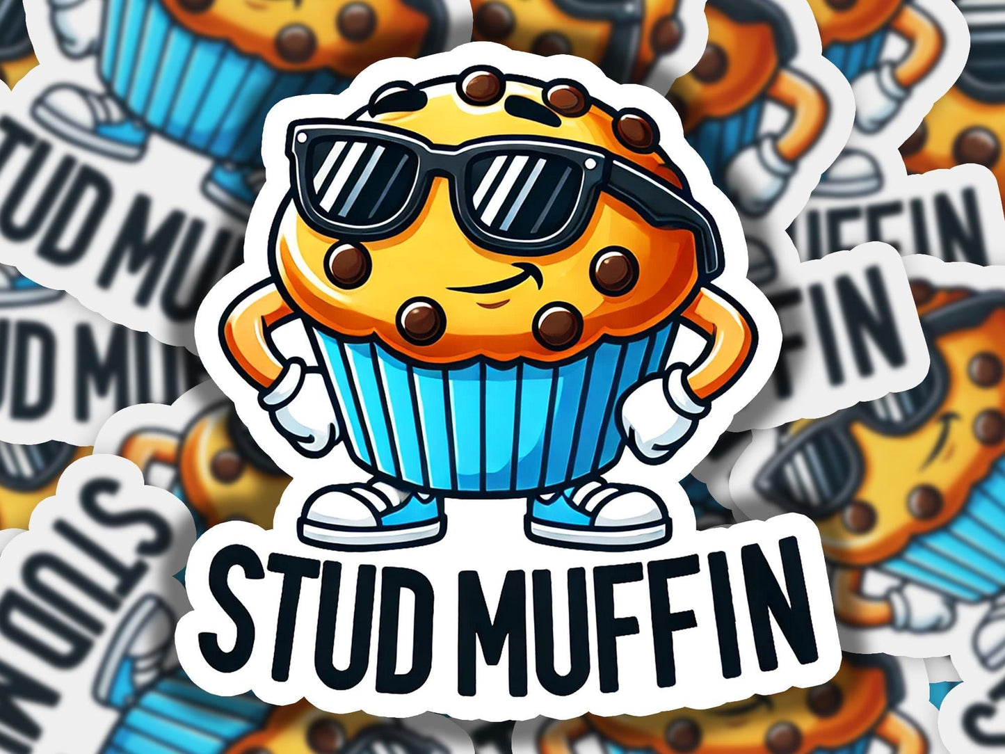 a sticker of a muffin with sunglasses on it
