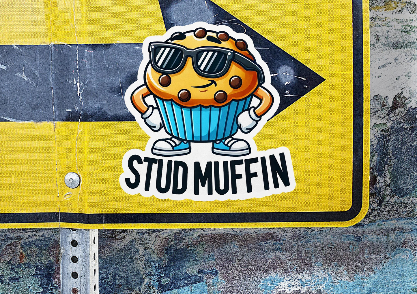 a street sign with a sticker of a muffin
