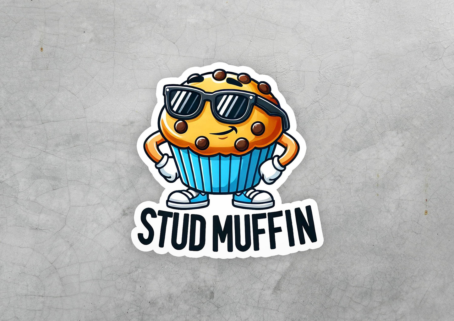 a sticker of a muffin with sunglasses on it