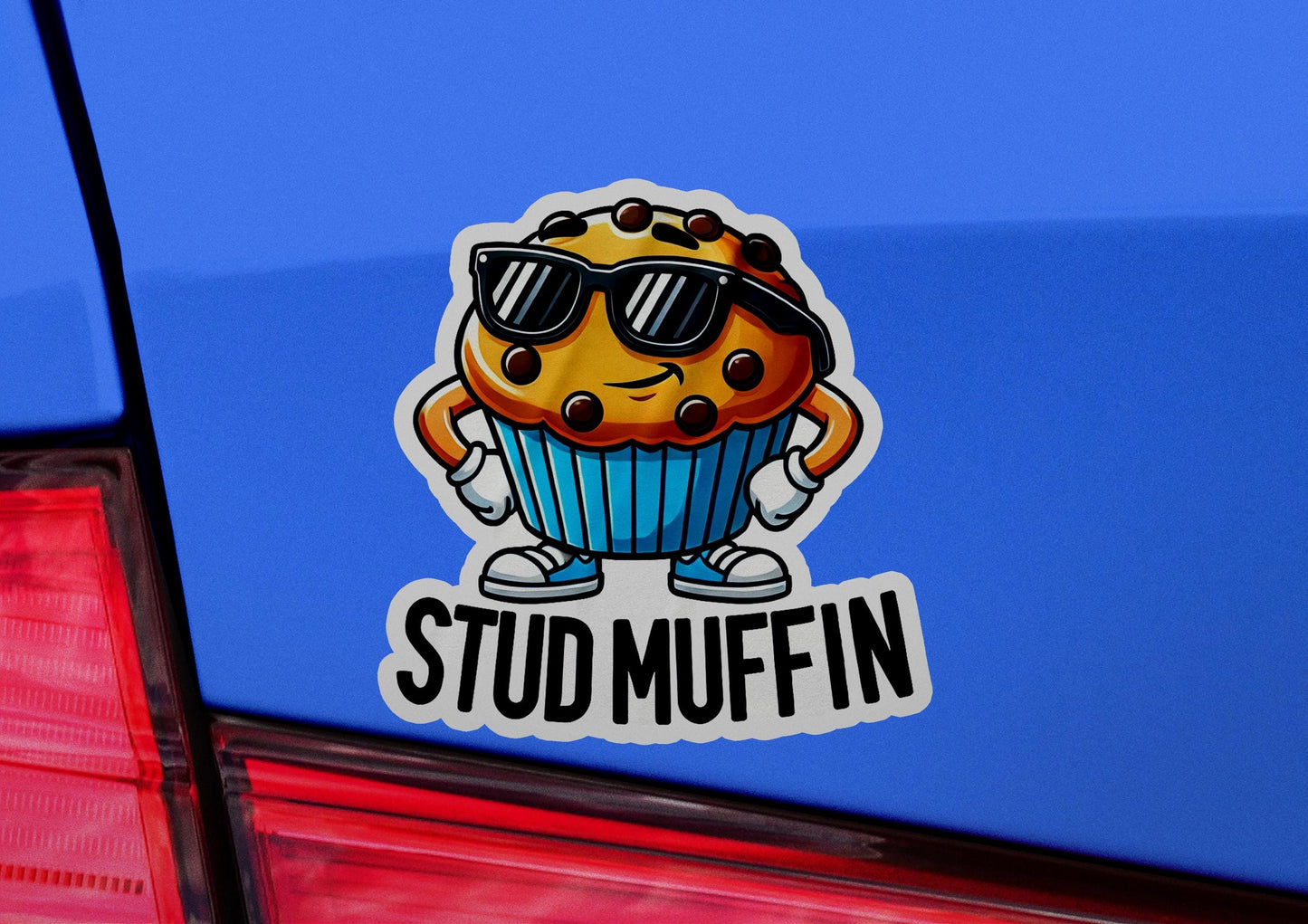 a sticker of a muffin with sunglasses on it