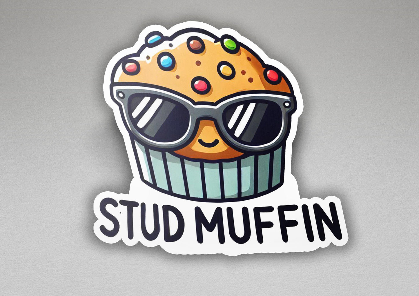 a sticker of a muffin with sunglasses on it