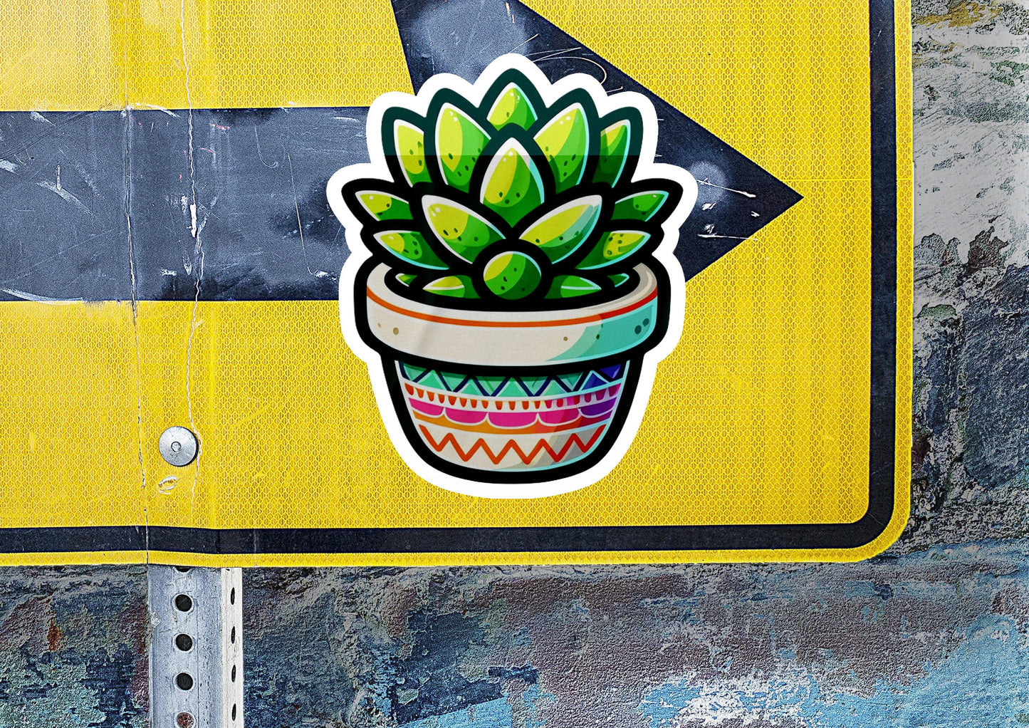 a sticker of a potted plant on a yellow sign