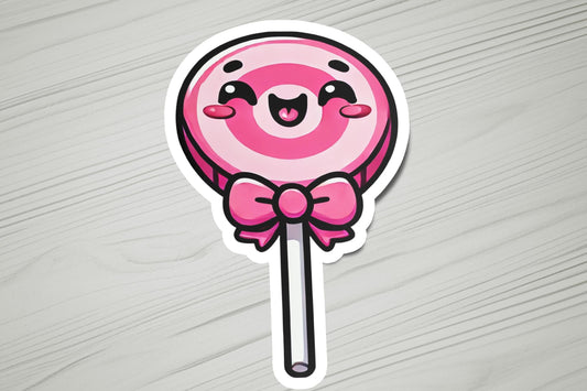 a sticker of a pink lollipop with a smiling face