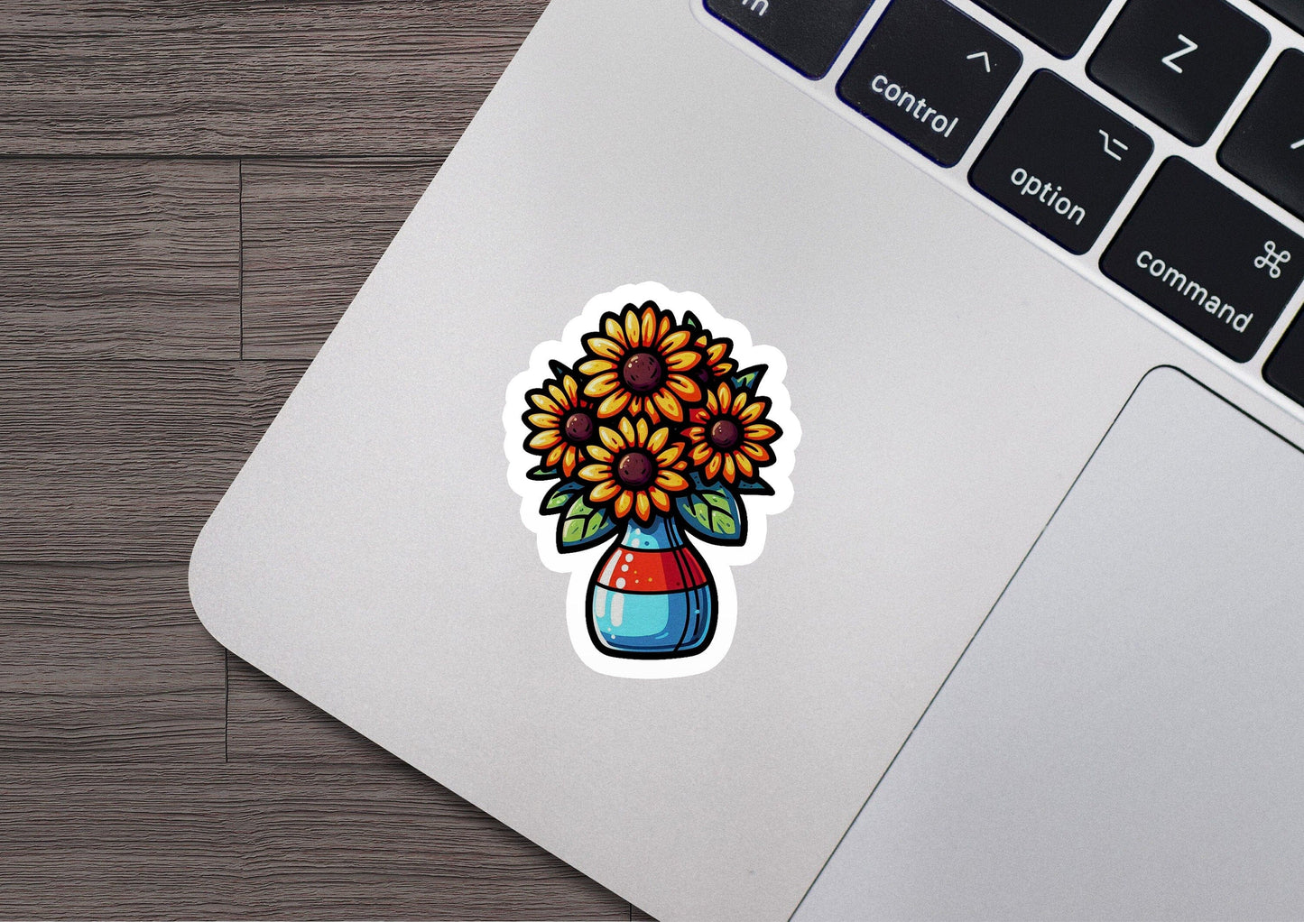 a sticker of a vase with sunflowers on it