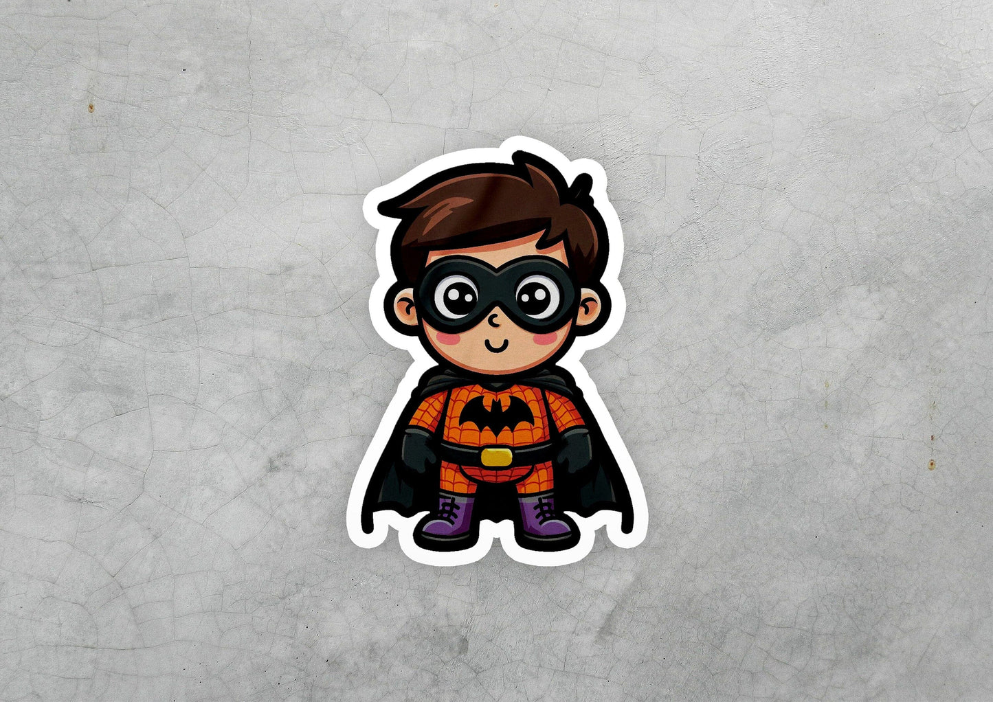 a sticker of a boy in a batman costume