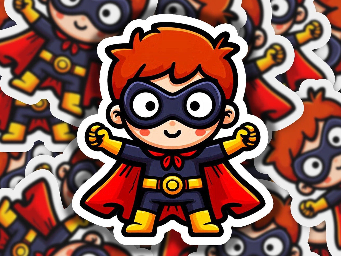 a sticker of a boy dressed as a super hero
