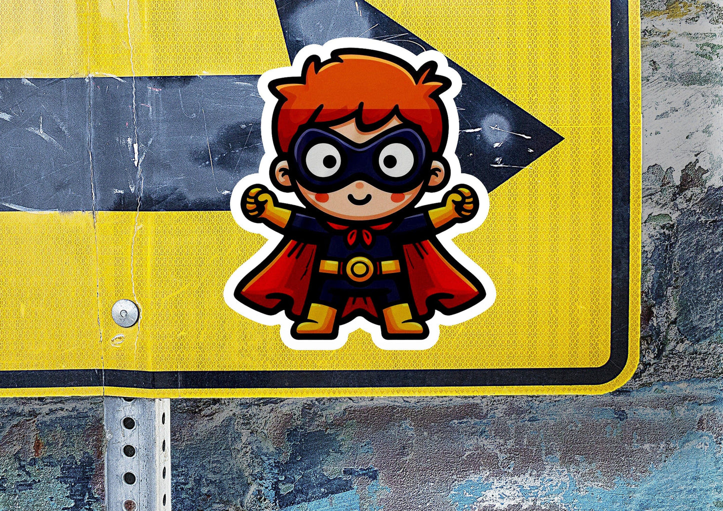 a sticker of a boy dressed as a super hero