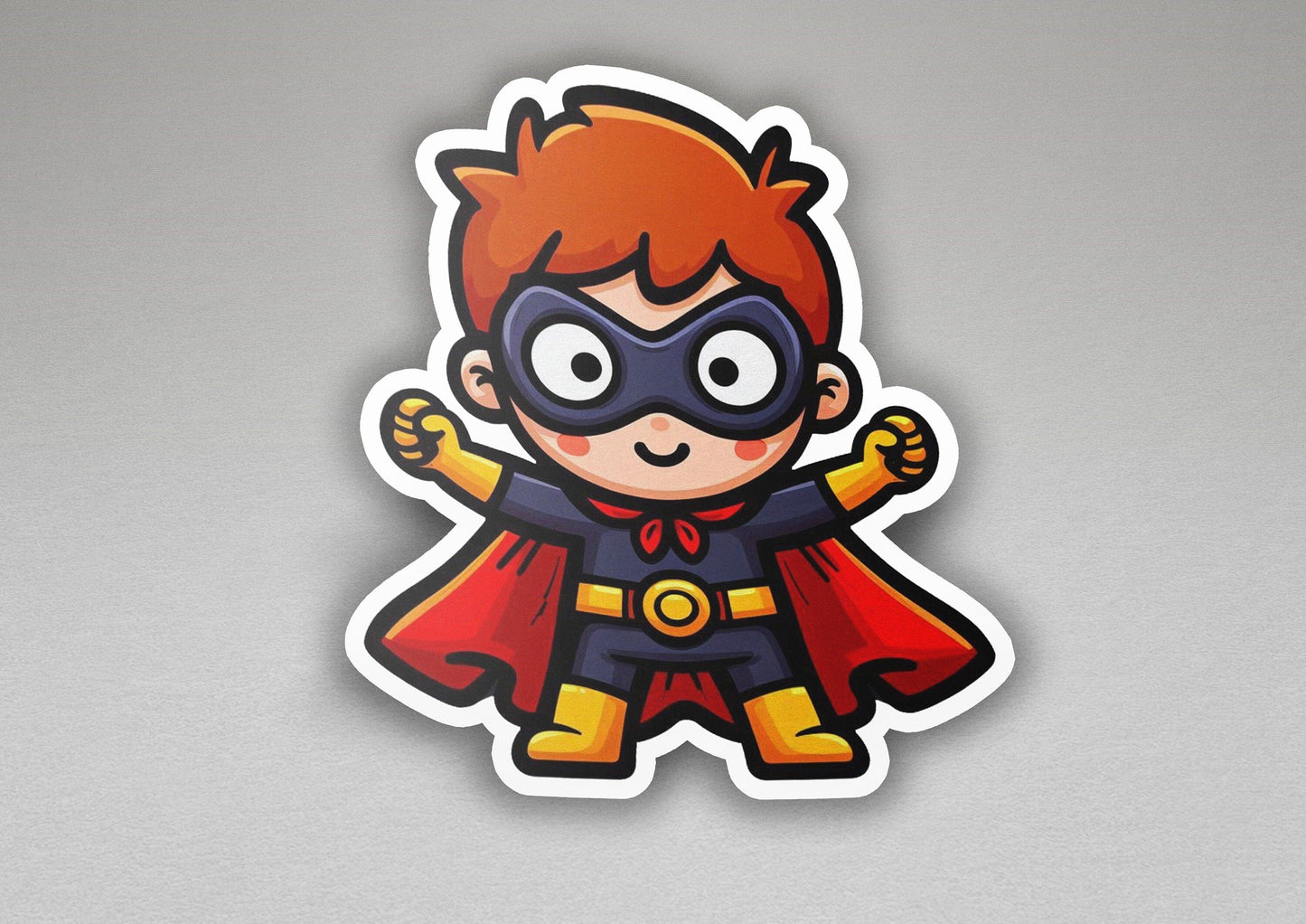 a sticker of a little boy dressed as a super hero