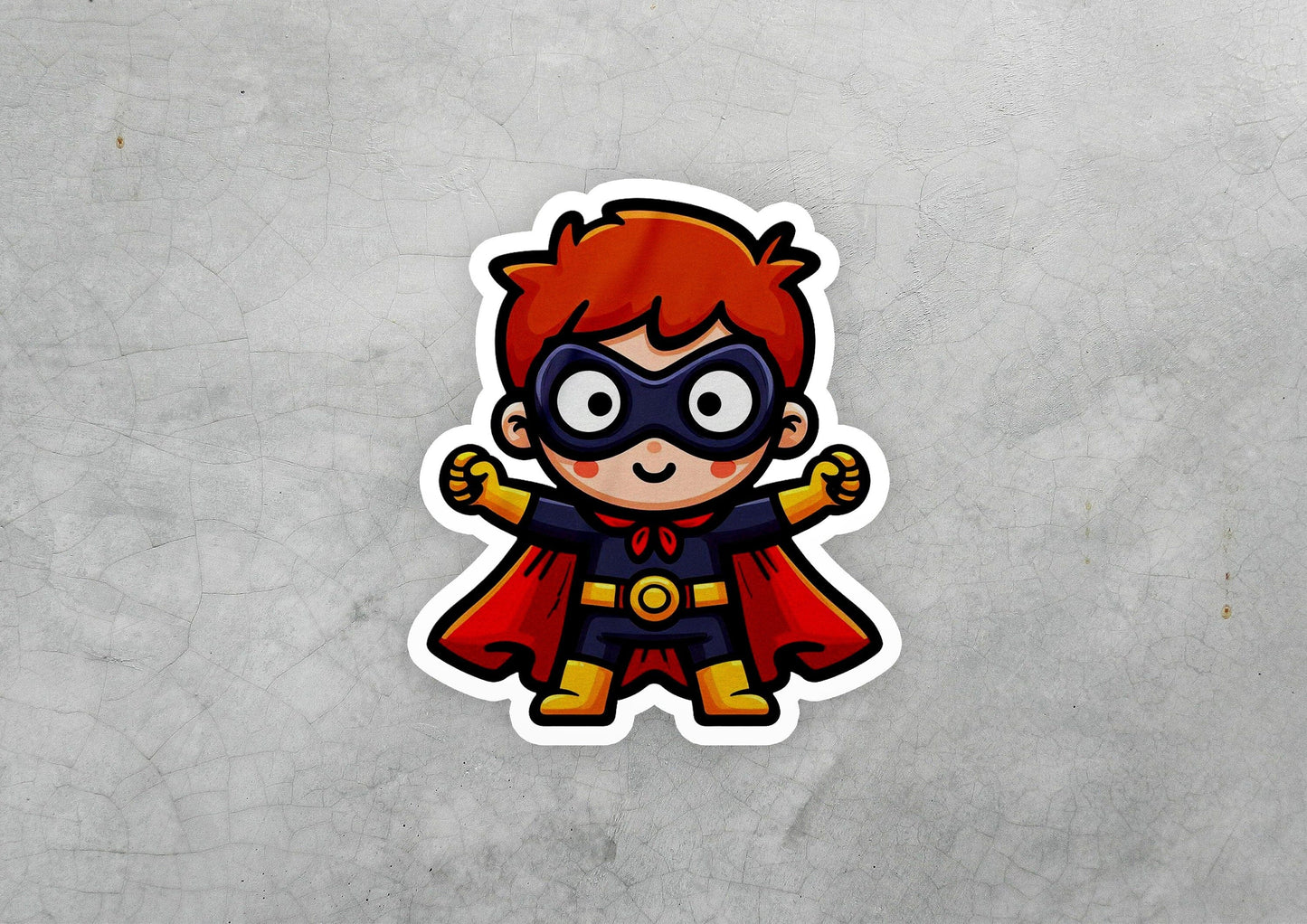 a sticker of a boy dressed as a superhero