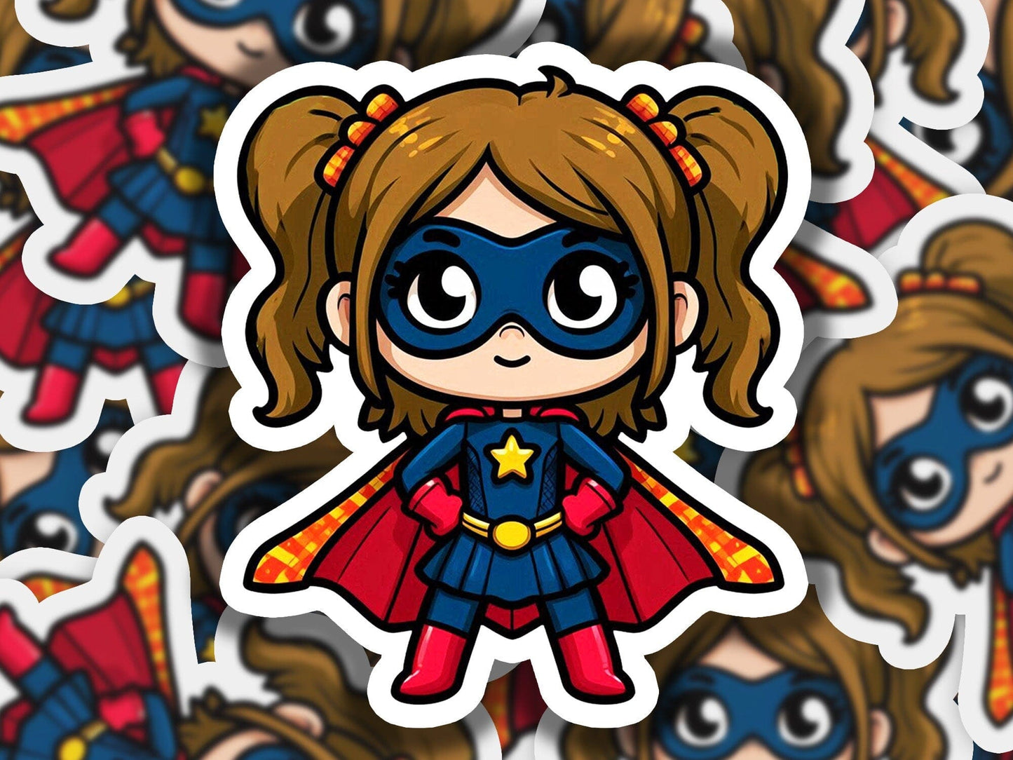a sticker of a little girl dressed as a superhero