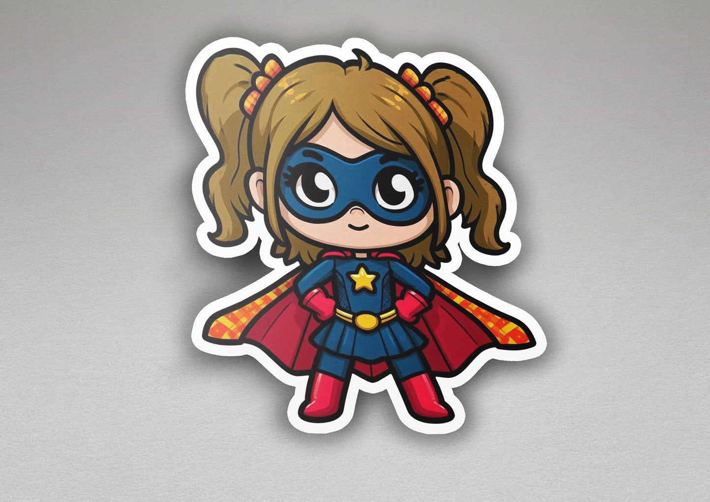a sticker of a little girl dressed as a super hero