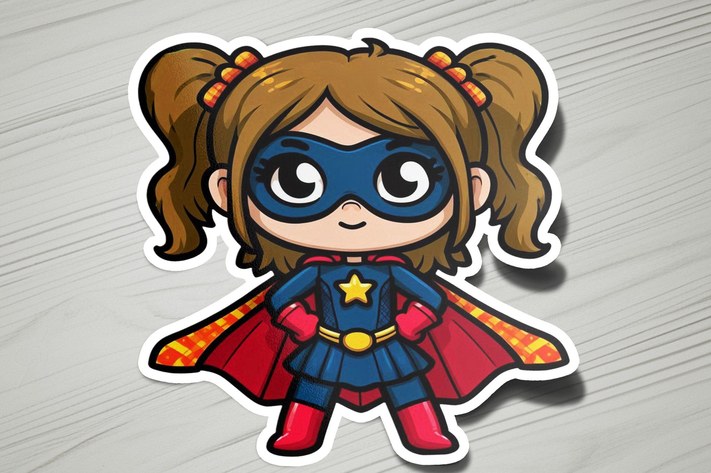 a sticker of a little girl dressed as a superhero