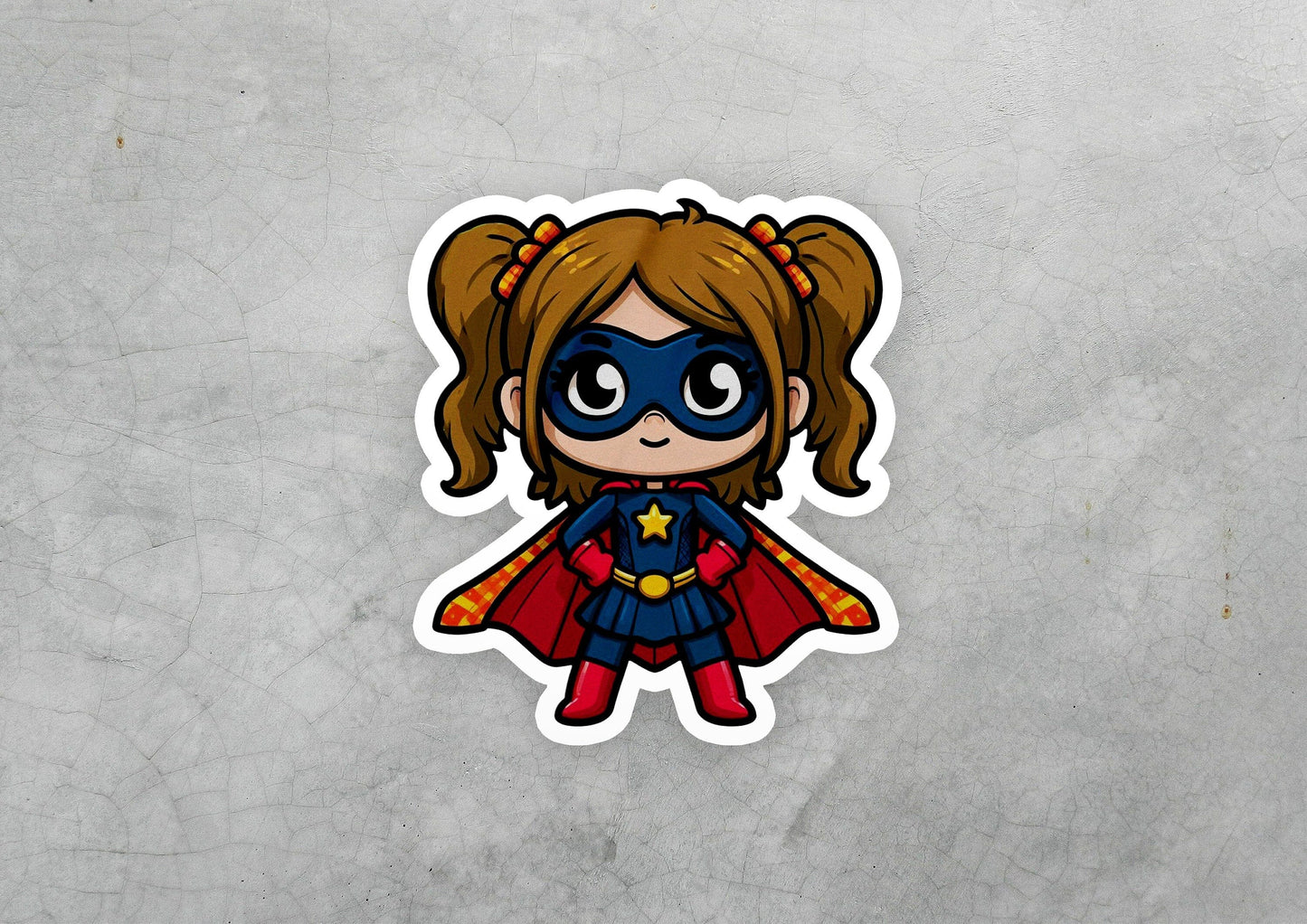 a sticker of a little girl dressed as a superhero